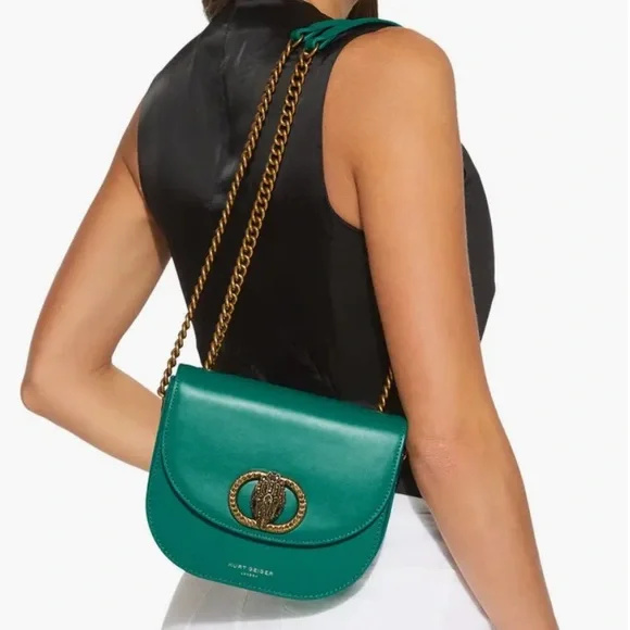 ✨Kurt Geiger NWT Chelsea Teal Leather Saddle Crossbody, Brass Chain, KG dustbag - Picture 5 of 15